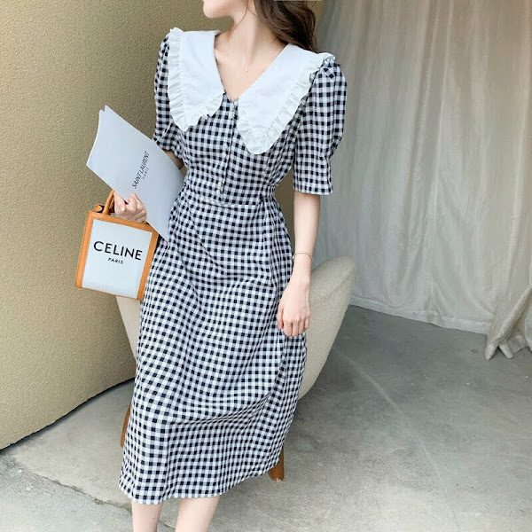 [HCM]ĐẦM XÒE HỌA TIẾT CARO CỔ SEN TRẮNG
