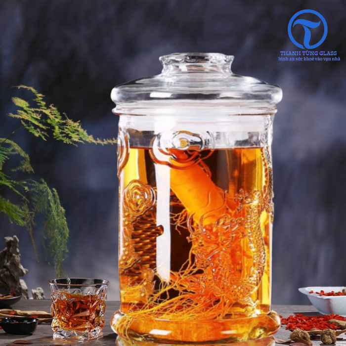 Bình Ngâm Sâm Thủy Tinh 5 Lít Hoa Văn Rồng - Không Van