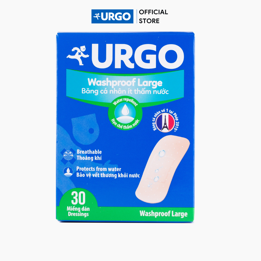 Băng cá nhân ít thấm nước Urgo Washproof Large (Hộp 30 miếng)
