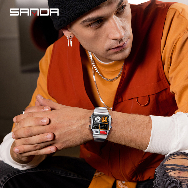 Sanda Retro Trendy Punk Dual Display Luminous Waterproof Electronic Quartz Men's Watch SD3192-1.