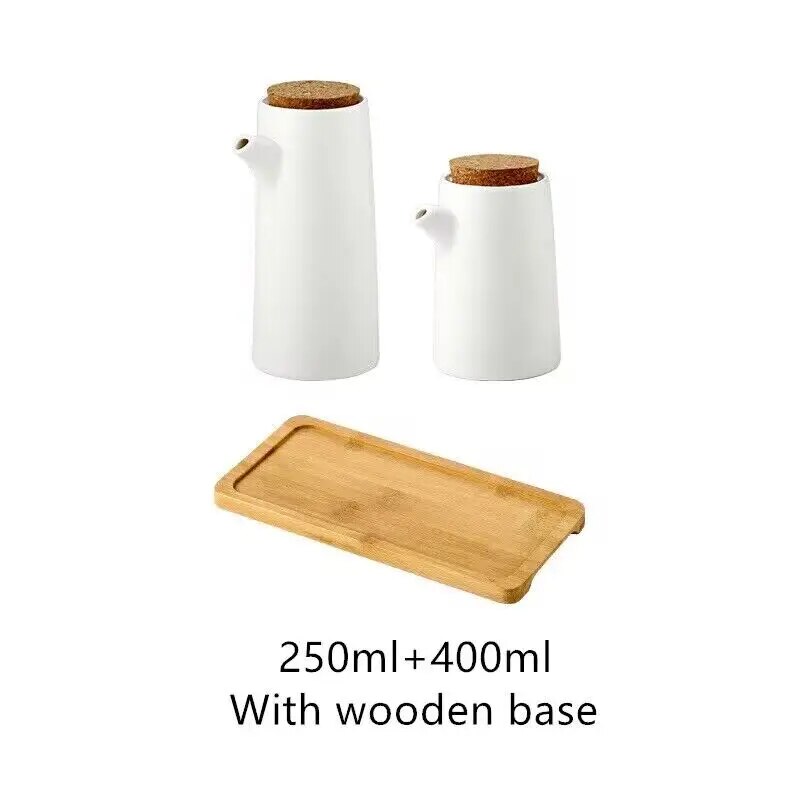 Ceramic Spice Jar, Oil Jar Set With Wooden Tray/Lid/Ceramic Spoon Oil And Vinegar Soy Sauce Storage Jar Kitchen Supplies