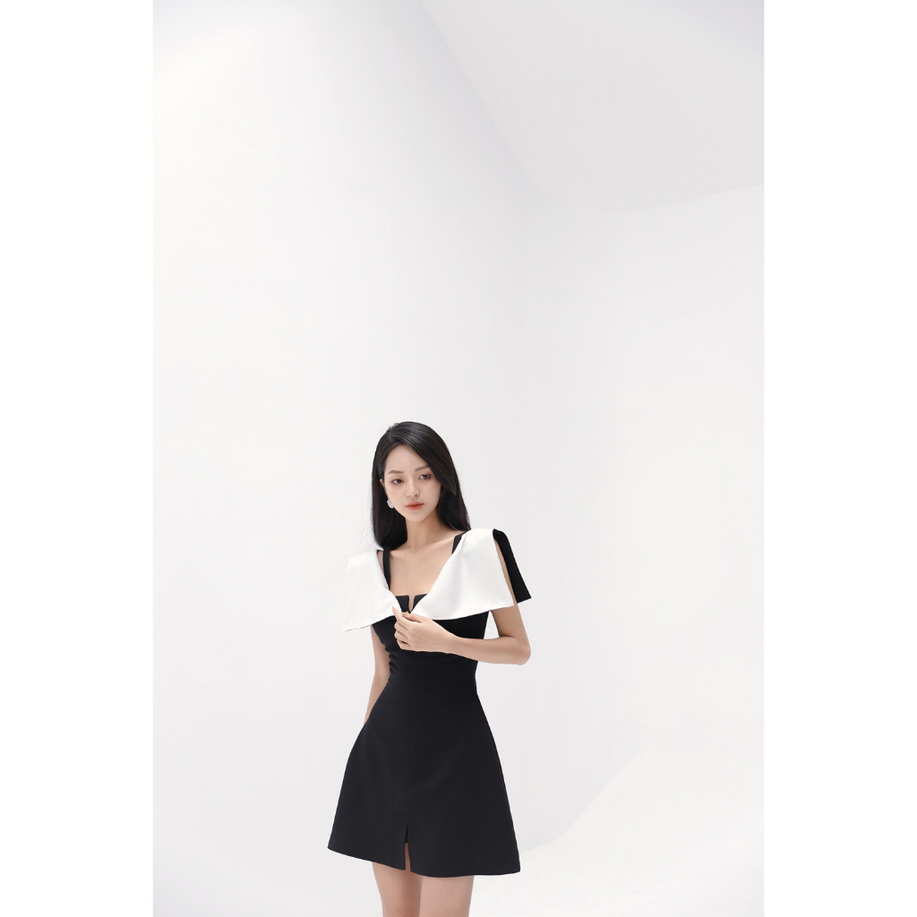 Đầm Dây Đen Phối Cổ Trắng Tùng Xẻ - XIPI