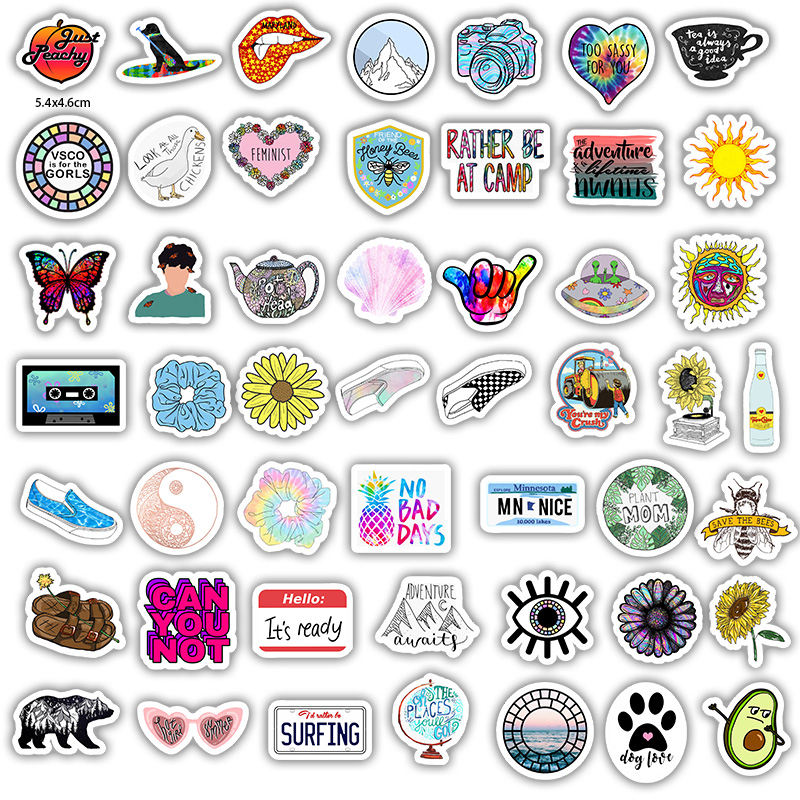 【New arrival】50Pcs/pack VSCO Vinyl Stickers Girl Essential Stuff for Water Bottles Stickers Suitable for Laptop Photo Luggage Trendy Stickers. 