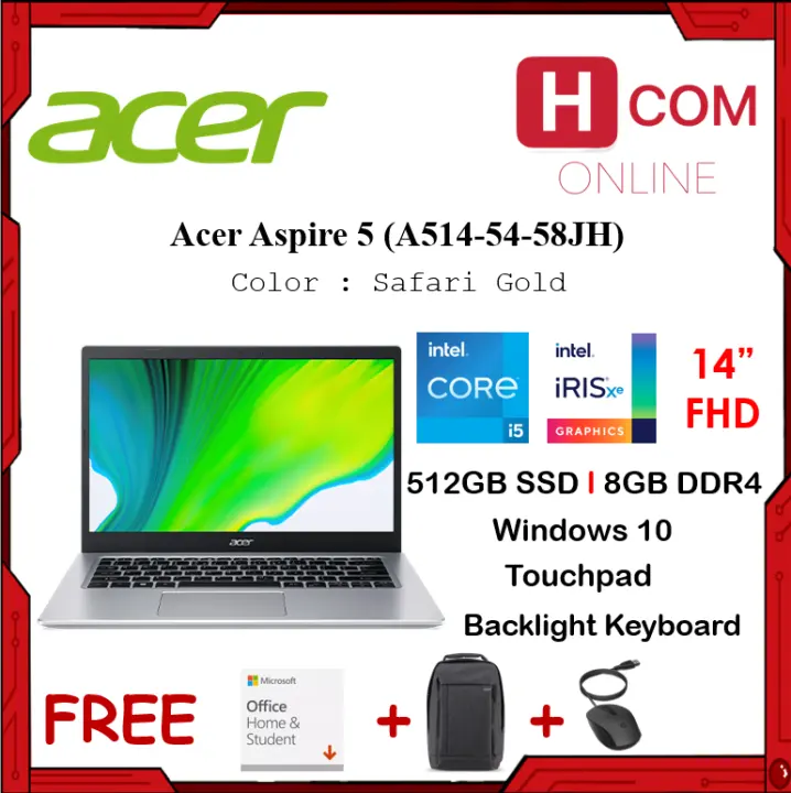 ACER Aspire 5 A514-54-58JH Safari Gold Laptop - Intel Core i5 Processor / Intel IrisXe Graphics / 512GB SSD / 8GB DDR4 RAM / Windows 10 / Keyboard Backlight / Touchpad [14" FHD]