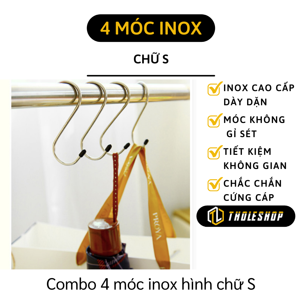 Móc treo đồ hình chữ S - Combo 4 móc treo thông minh inox hình chữ S không gỉ - Móc treo đồ chắc chắn tiện lợi