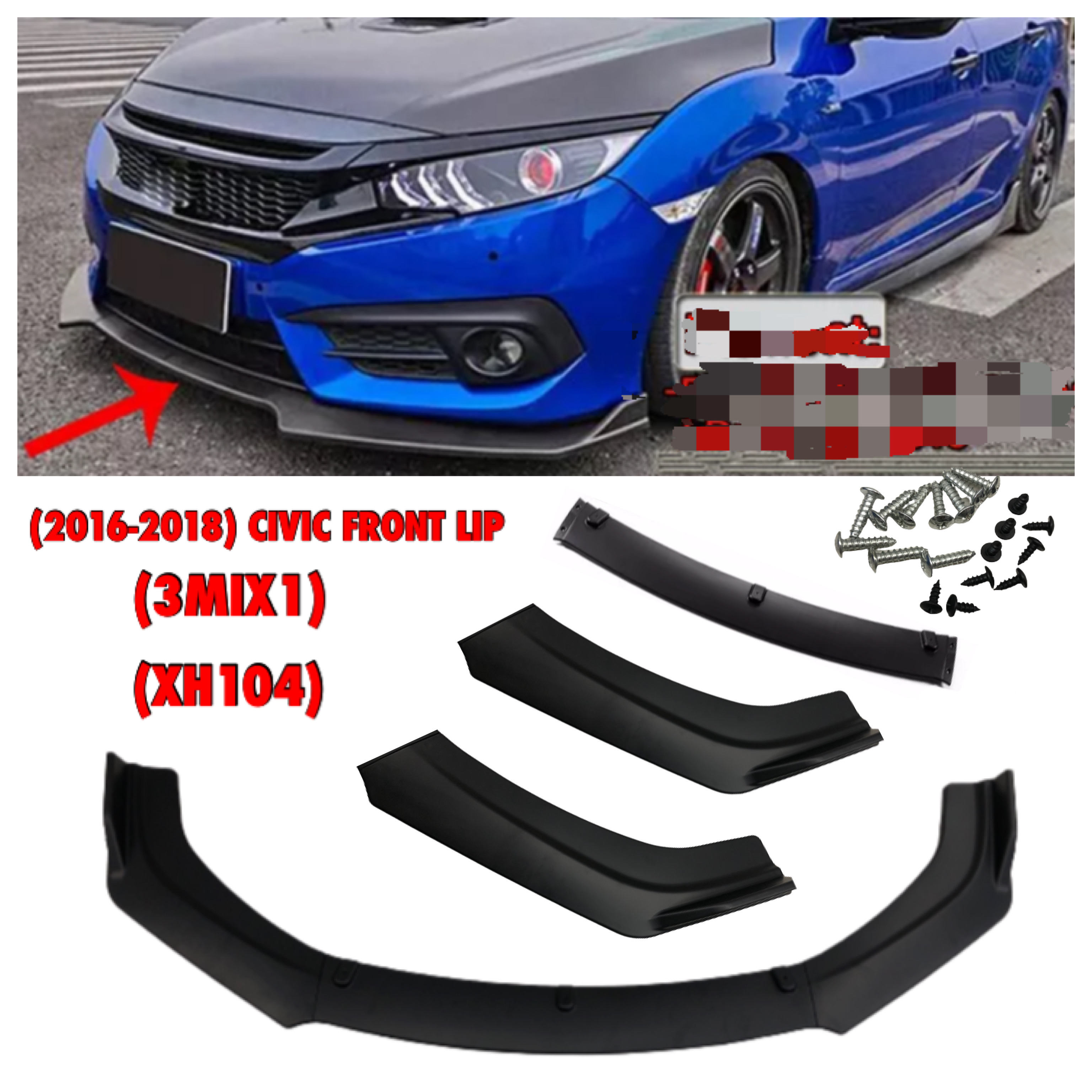 GECA 2016 2017 2018 HONDA CIVIC 3PCS Car Front Lip Chin Bumper Body ...