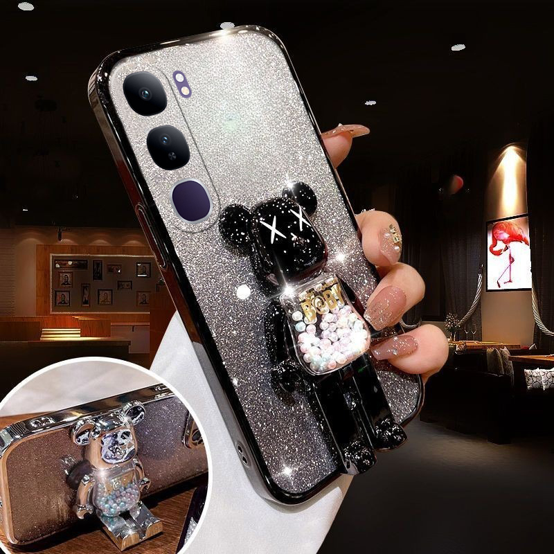 New Phone case Vivo Y300 5G Back Cover with Cartoon 3D Bear Stand Luxury Slim Gradient Plating Glitter Girls Stylish for Vivo Y300 5G case. 