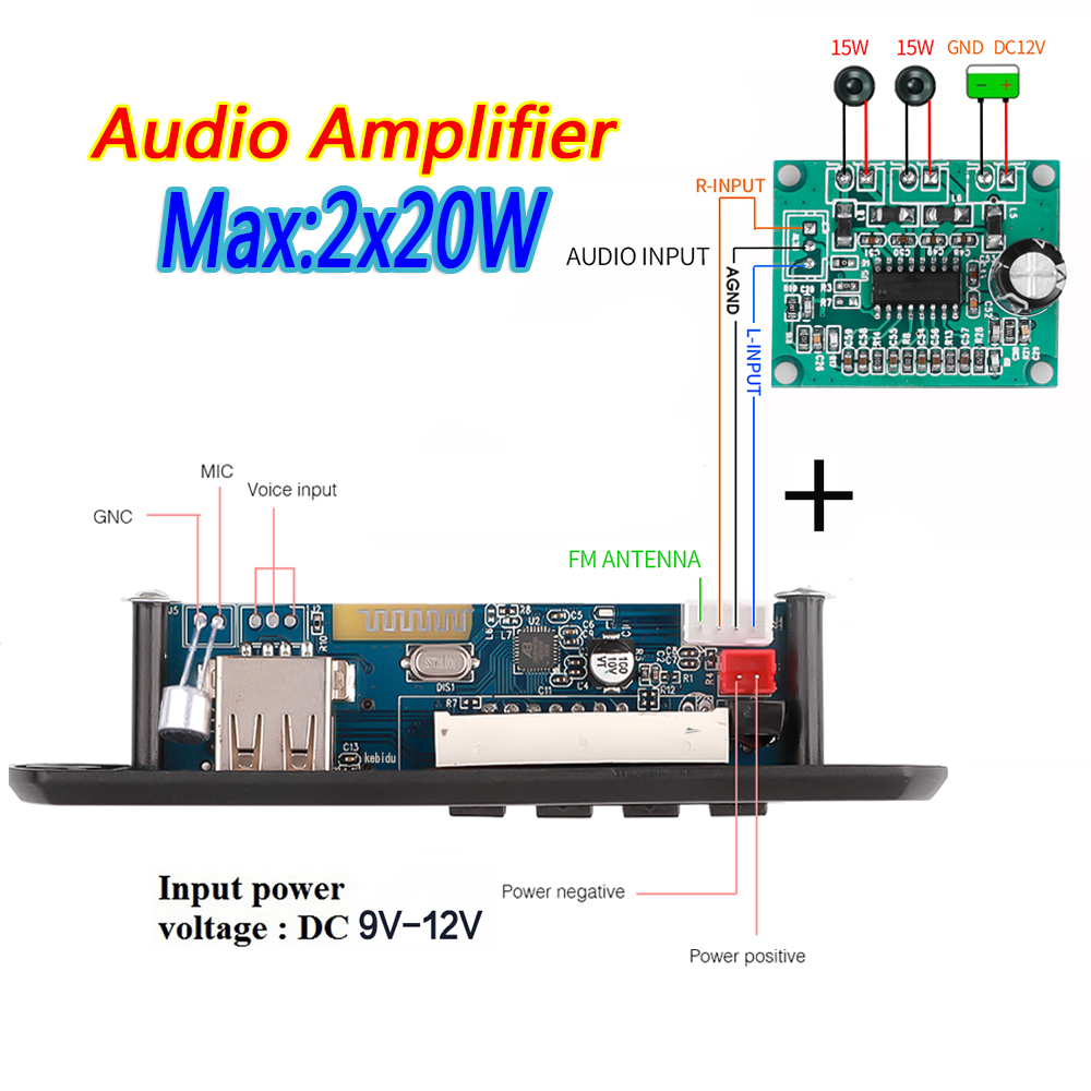 Kebidumei Wireless Bluetooth 5.0 MP3 Decoder Board 12V FM Radio Player Support TF / AUX/ U Disk Interface Audio Module with 15W*2 Amplifier