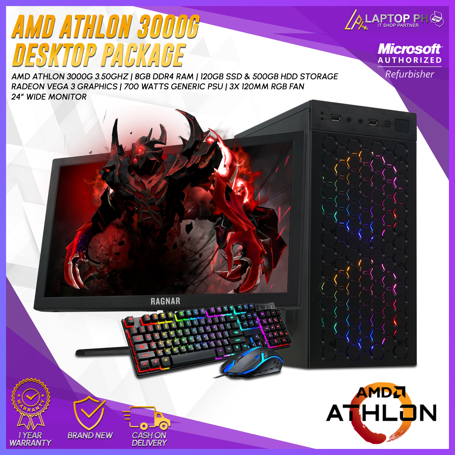 AMD Athlon 3000g PC Set Computer | Athlon 3000g with Vega 3 Graphics, 8GB  RAM DDR4, 120GB SSD, 500GB HDD, 700w Power Supply | Honeycomb Mini Tower  Case w/ 3x RGB Fans |