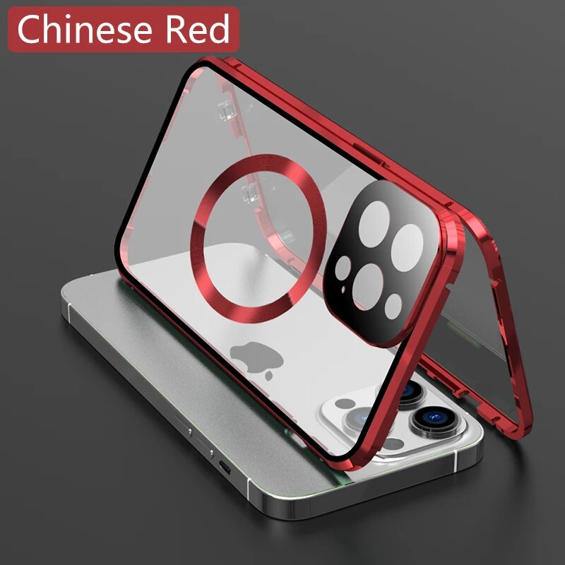 Dual lock lens protection for iPhone 15 14 13 Pro Max glass plus PC backpanel double sided magnetic wireless charging phone case. 