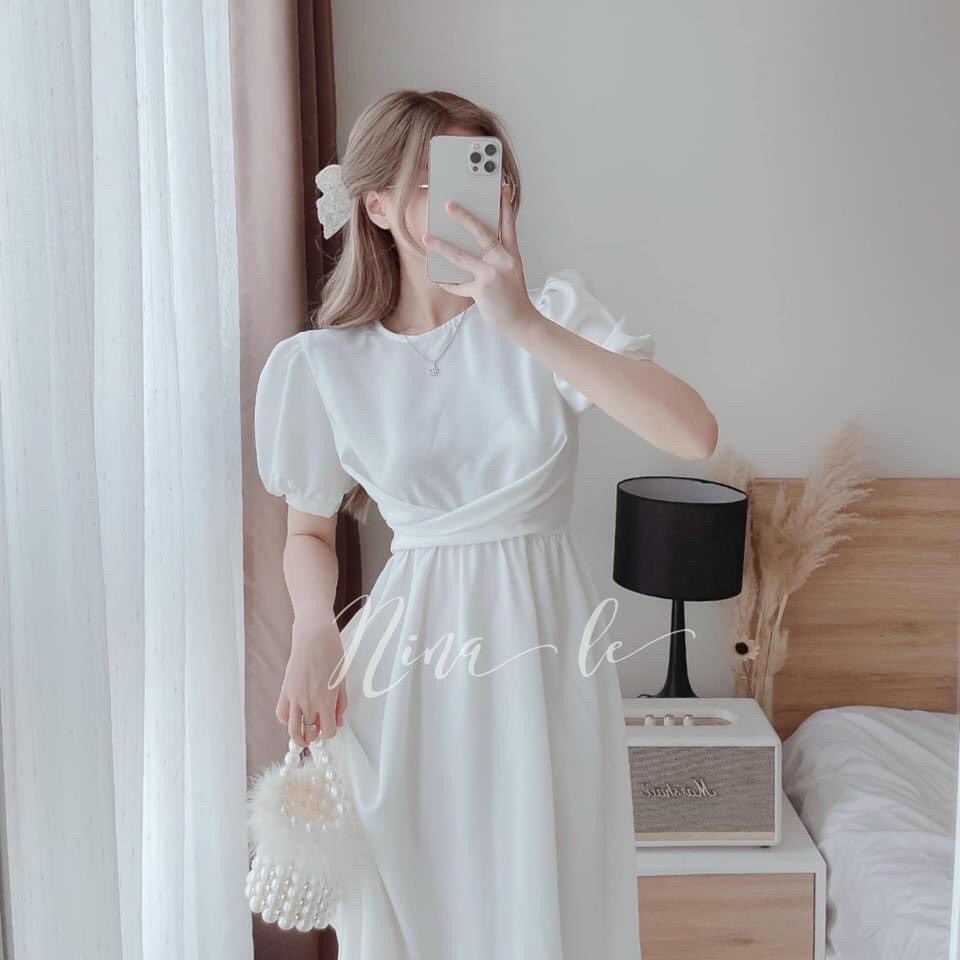 [Free Ship 2024] Đầm Nữ Xinh Váy Trắng Dài Tay Bồng Nơ Sau Hở Lưng Dáng Xòe Dễ Thương Mặc Đi Chơi Đi Làm Phong Cách Hàn Quốc