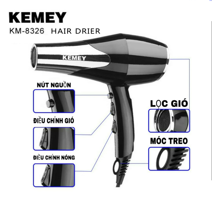 Máy sấy tóc nóng lạnh công suất 3000W Kemey 8326 gió mạnh bằng hợp kim chắc chắn-BH 1 đổi 1