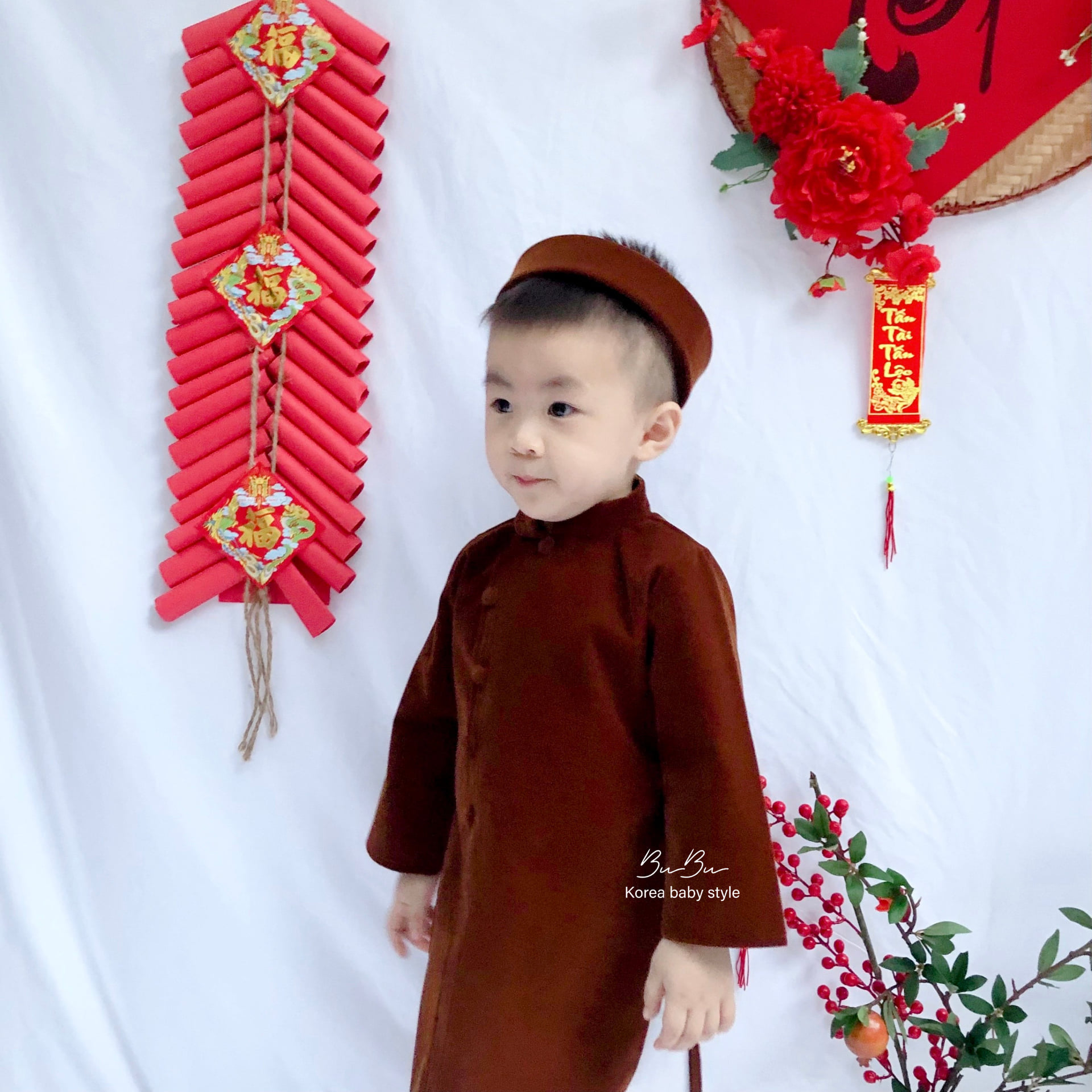 Áo Dài Nhung Thiết Kế Cho Bé Trai (Kèm Quần Lụa Và Mấn)