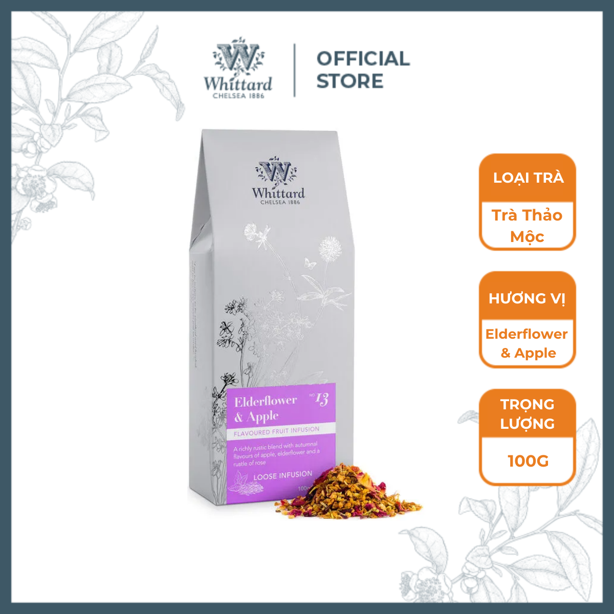 Trà thảo mộc Whittard Classic Elderflower & Apple (trà hộp giấy, 100g)
