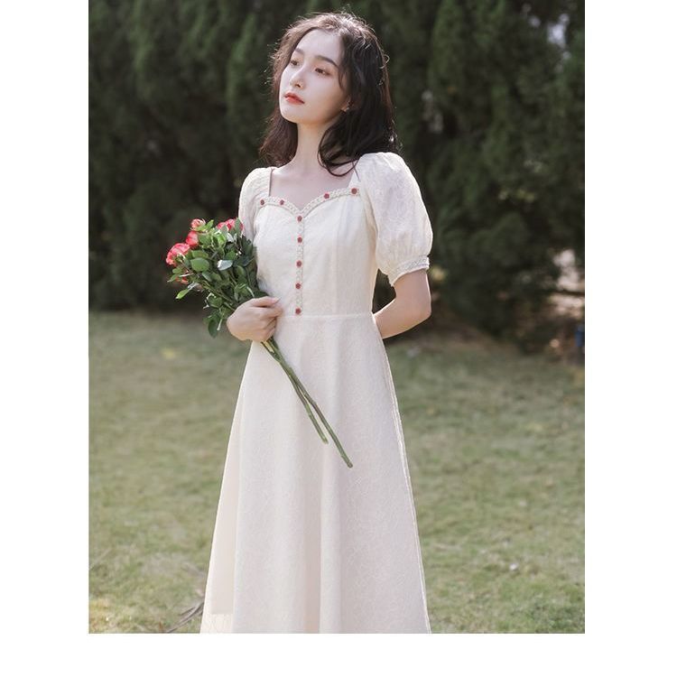 Elf tribe french vintage lace puff sleeve corset a-line tea dress for women