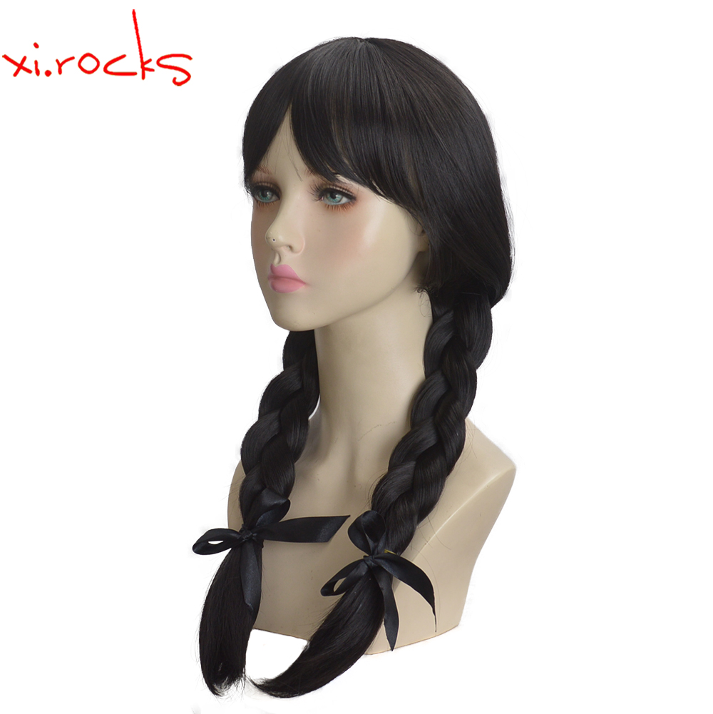 3622L Xi.Rocks Addams Wednesday Long Black Braids Hair Cosplay Heat ...