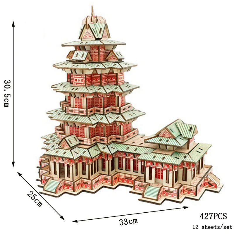 3D Wooden Pagoda Puzzle DIY Building Temple Model Wood Toy Chinese ...