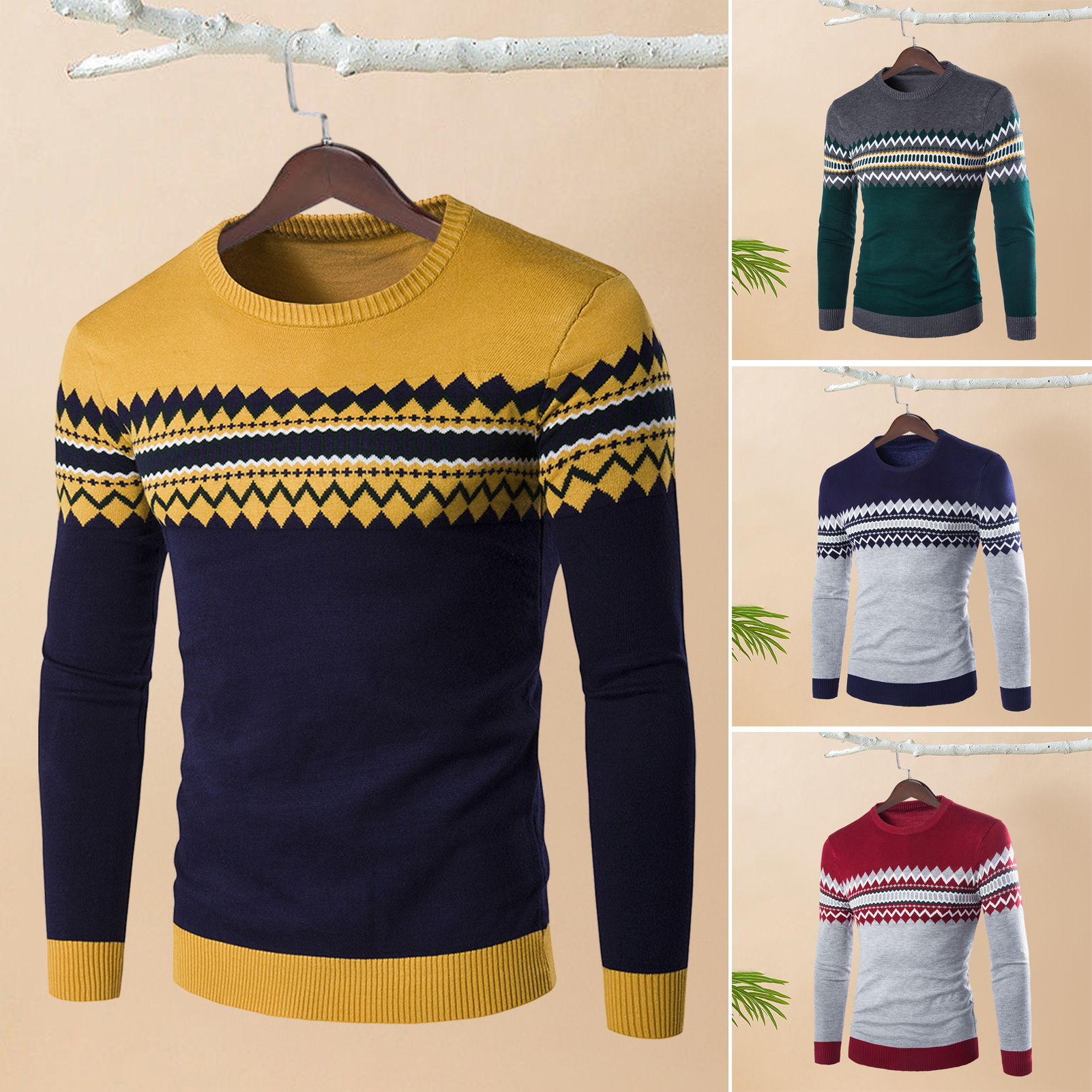 Trendy Round Neck Striped Sweater Men Loose Fit Sweater Men's Winter Sweater Classic Crew Neck Long Sleeve Thick Warm6_voghion.com