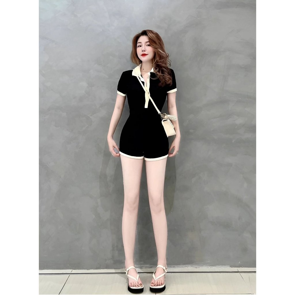 DIVA Beveda Jumpsuits Cổ Bẻ Phối Màu Cài Nút Tay Ngắn
