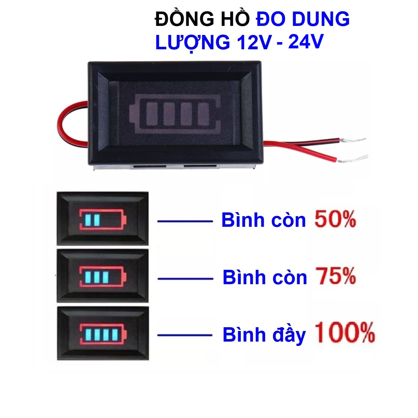 Đồng hồ đo dung lượng bình acquy hiển thị phần trăm pin dạng LED. Báo dung lượng cho bình acquy 12v - 24v và khối pin 3s
