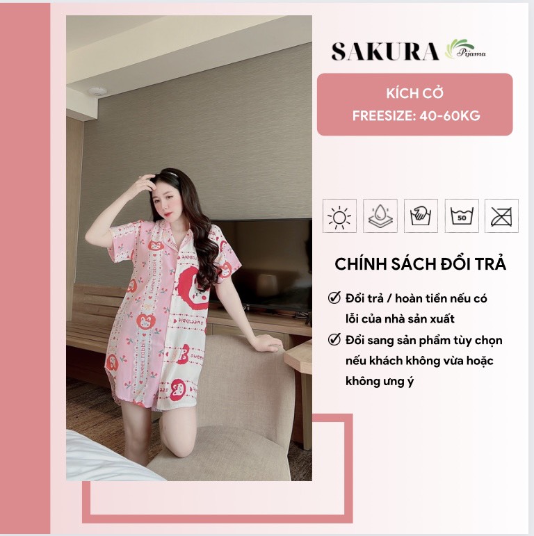 Váy sơ mi suông dáng dài thiết kế cute lụa ngủ cao cấp SAKURA