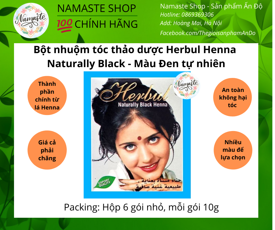 Bột nhuộm tóc thảo dược Herbul Naturally Black Henna - Màu Đen Tự Nhiên