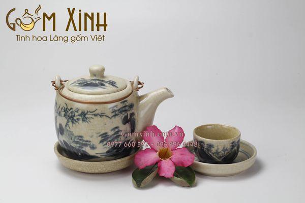 Bộ ấm chén Bát Tràng men rạn giả cổ dáng Vại