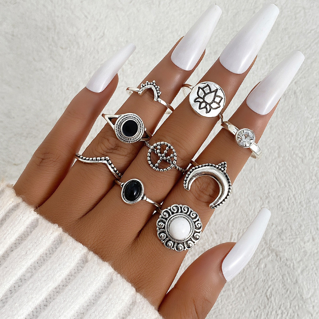 Enacolor%209Pcs/Set%20Retro%20Silver%20Black%20Crystal%20Lotus%20Moon%20Ring%20Set%20for%20Women,%20Ethnic%20Joint%20Rings%20Fashion%20Jewelry%20Accessories%20-%20Image%202