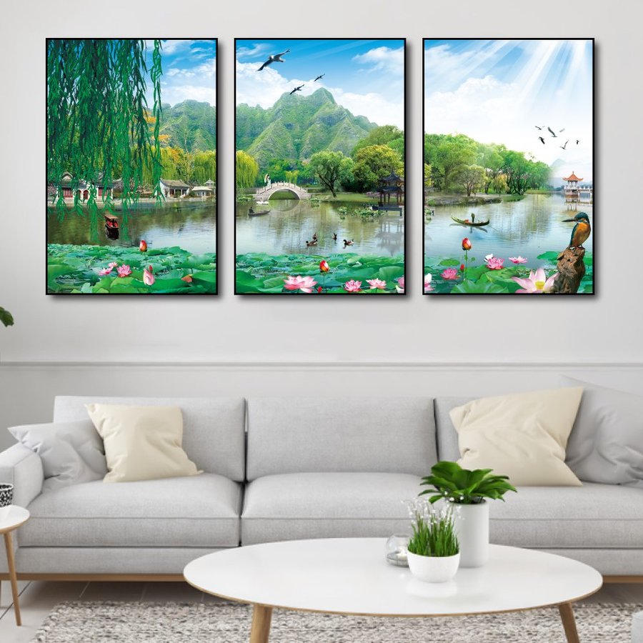 Lalashop - Tranh Hoa sen treo tường phòng khách có khung trang trí decor phòng khách phòng bộ 3 bức Tranh Canvas Tráng gương treo tường Hoa Sen nghệ thuật 3d hiện đại