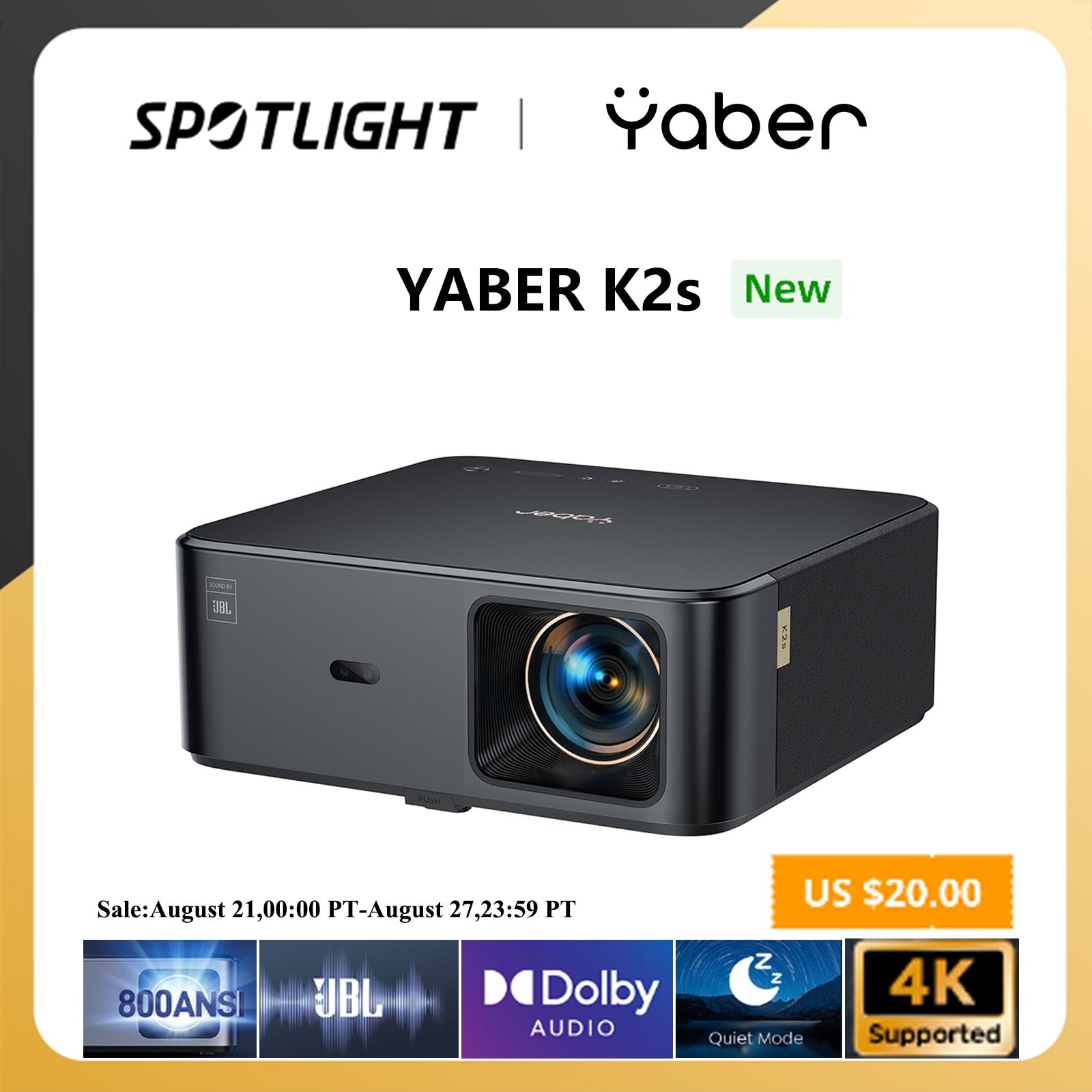 Projector 4K with Android TV, YABER K2s 800 ANSI WiFi 6 Bluetooth  Projector, Sound by JBL, Dolby Audio, Auto Focus & Keystone, Native 1080P  4K