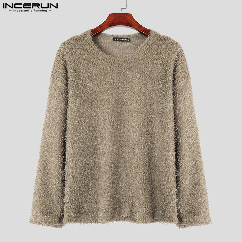 INCERUN Mens Long Sleeve Crew Neck Lazy Style Plain Loose Luxurious Pullover Tassel Texture Sweater