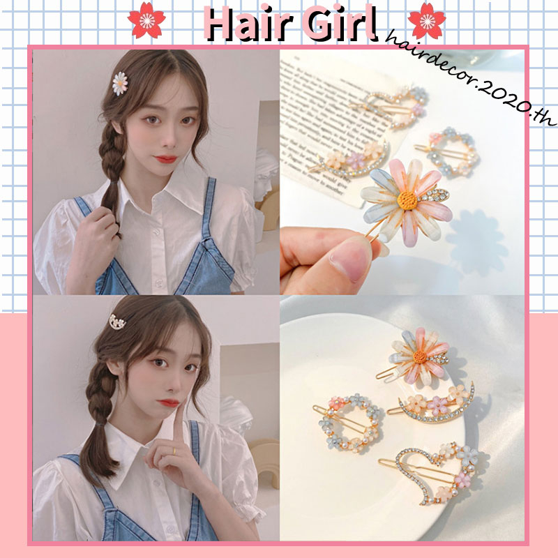 Hair clip, flower pattern, decorated with diamonds, Korean style
