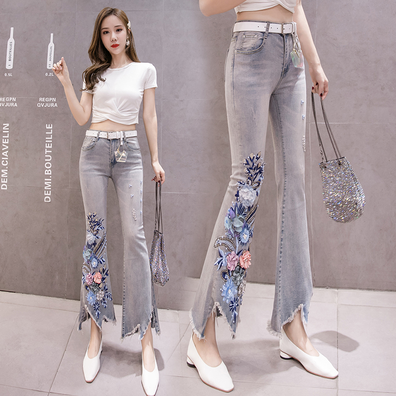 Brand High-quality raw-edge micro-light jeans 2020 spring new high-waist beaded sequins flower ...