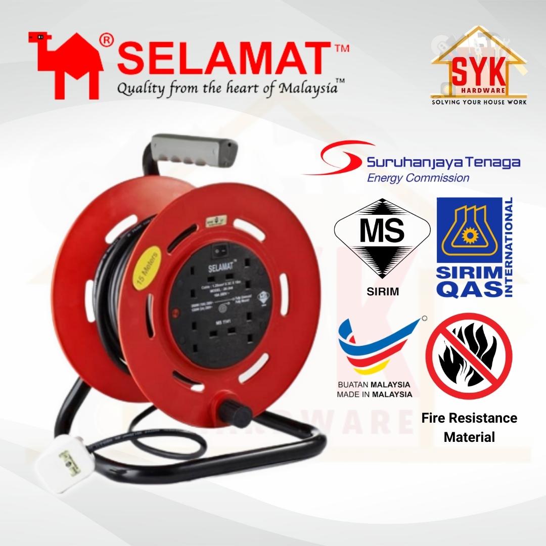 SYK SELAMAT 4 Gang 40 Meter Portable Extension Cable Reel Plug Wire Heavy  Duty Extension Cord Penyambung Wayar Extension