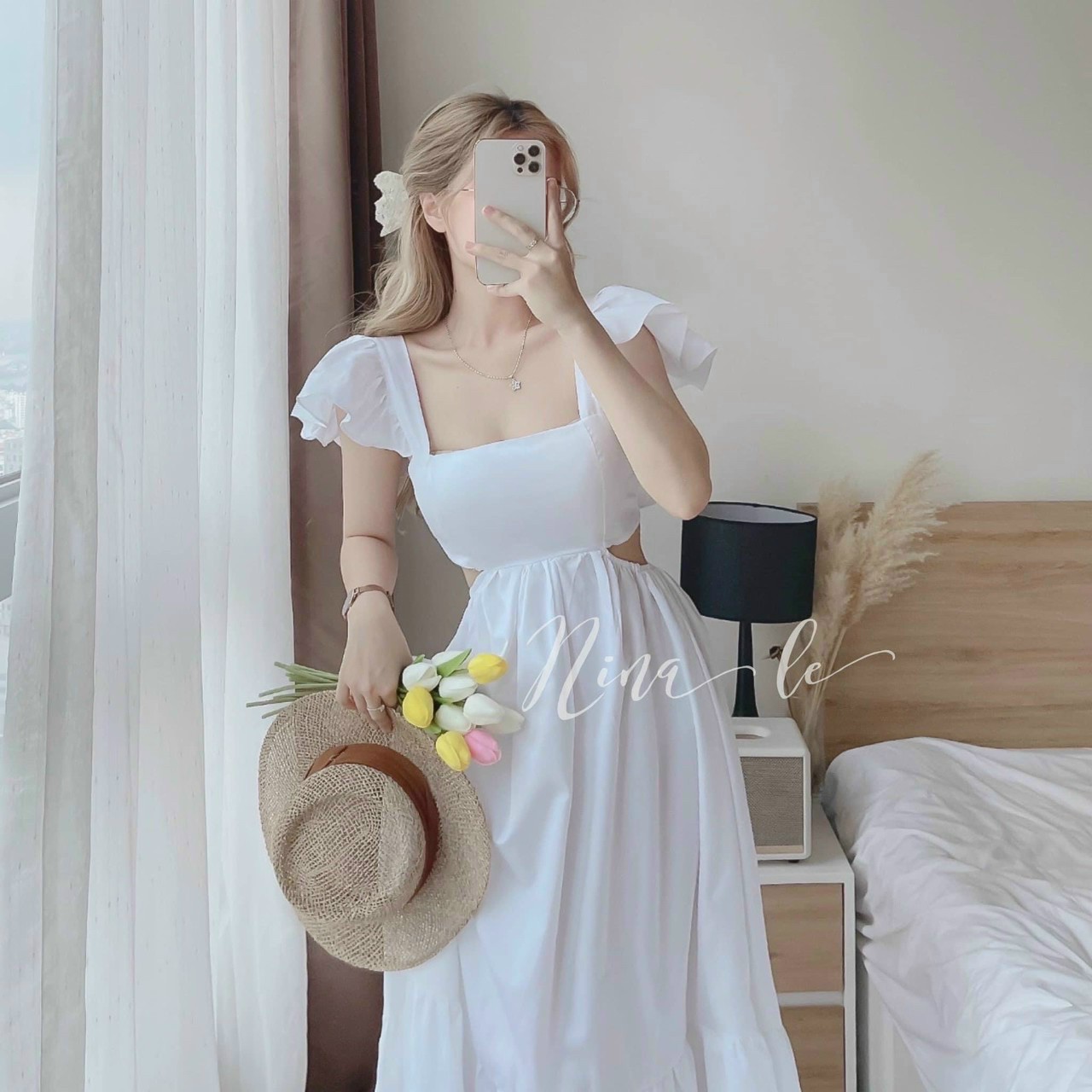 Đầm maxi hở lưng - chất liệu lụa có mút - thiết kế cột nơ sau lưng cực xinh