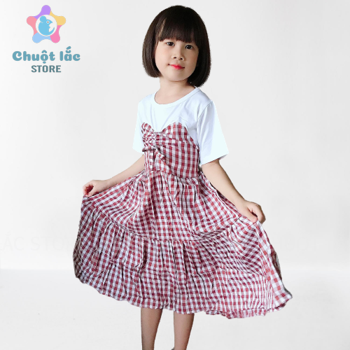 Váy đầm bé gái size đại 6 tuổi đến 12 tuổi kiểu dáng xòe dài qua gối chất thun cotton phối 16kg đến 35kg