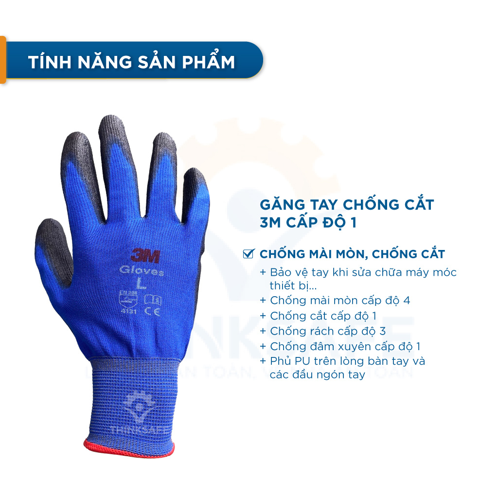 Găng tay chống cắt 3M cấp độ 1, chống trơn trượt, bảo vệ tay dùng cho cơ khí, kỹ thuật Găng tay lao động chính hãng - Thinksafe