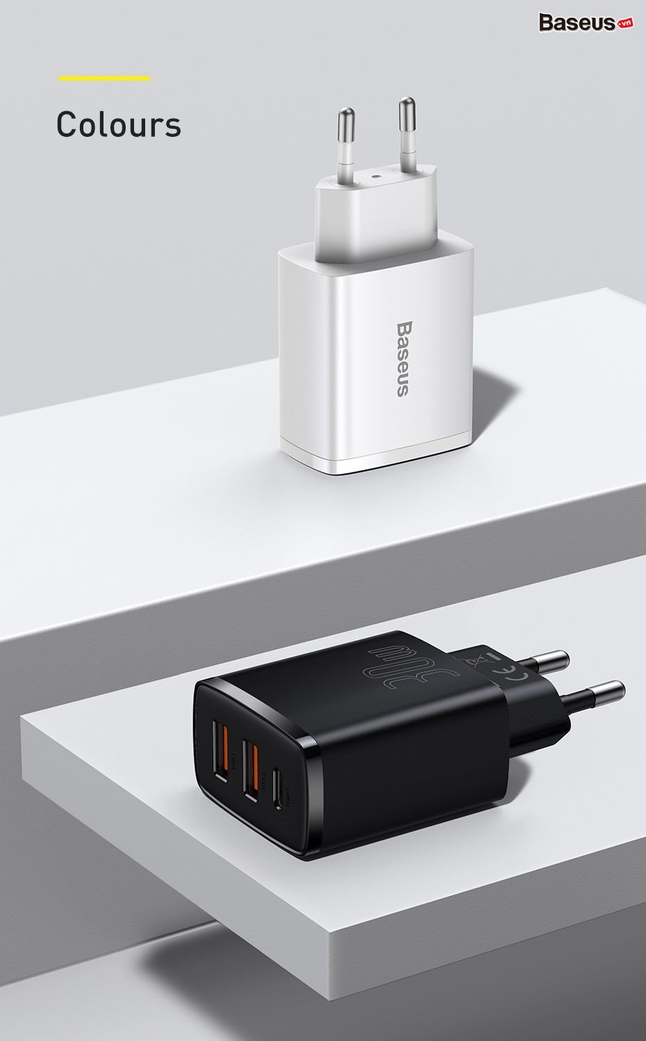 Cốc sạc nhanh 3 cổng Baseus Compact USB dual port + TypeC 30W PD/QC3.0 - Nhất Tín Computer