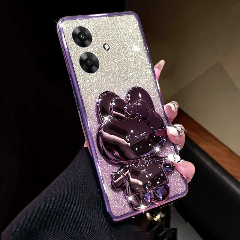 New Phone case Realme Note 60X Back cover Camera Protection Semi Transparent Soft Silicone Rabbit bracket Shockproof Exquisite Glitter Powder For Realme Note 60X case.