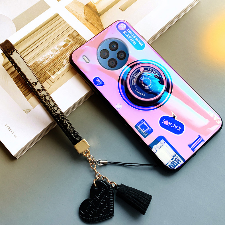 Gloden tree For Huawei Nova 8i Lite Case Camera Pattern + Stand + Beautiful Tassel Hand Strap Protective Back Cover Couple Cases