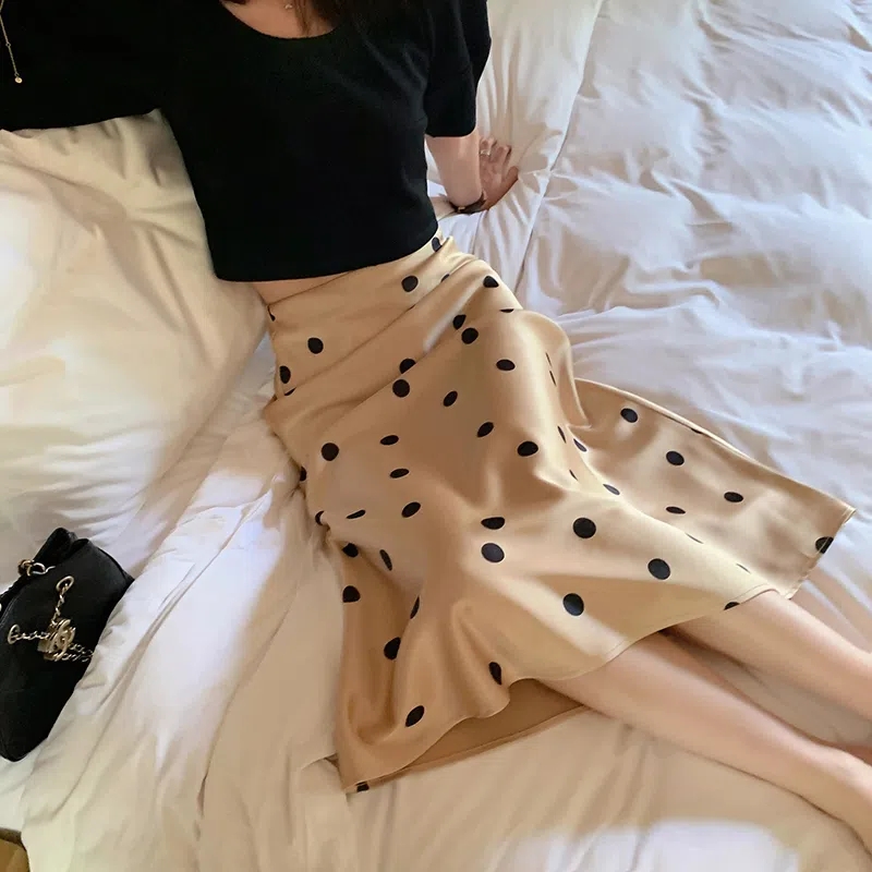 UseaStudio High End Satin Skirt with Trendy Polka Dot Diagonal Cut A-line Skirt 502D094