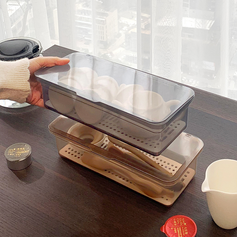 KS Tea set storage box double-layer desktop dust-proof storage box with lid kitchen chopstick storage box drain rack tray