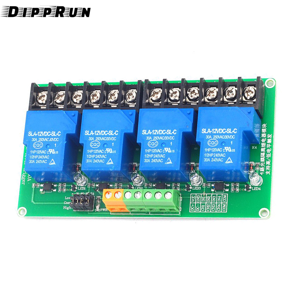 DIPPRUN AC250V 30A 4 Channel Relay Module High Power DC5V 12V 24V High Low Level Trigger Switch Module
