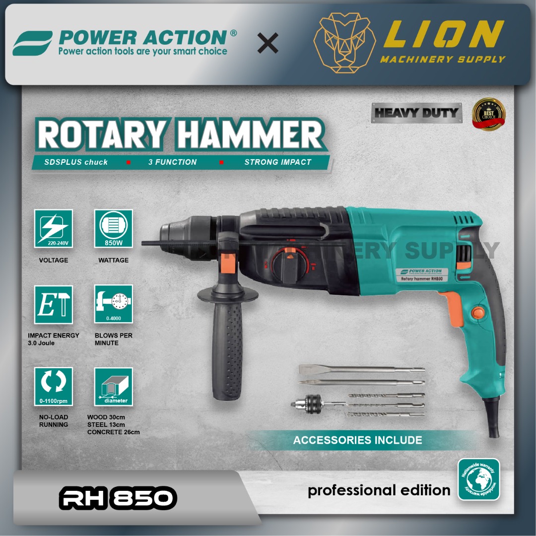 POWER ACTION 26mm 850Watt 3in1 Heavy Duty Rotary Hammer RH850