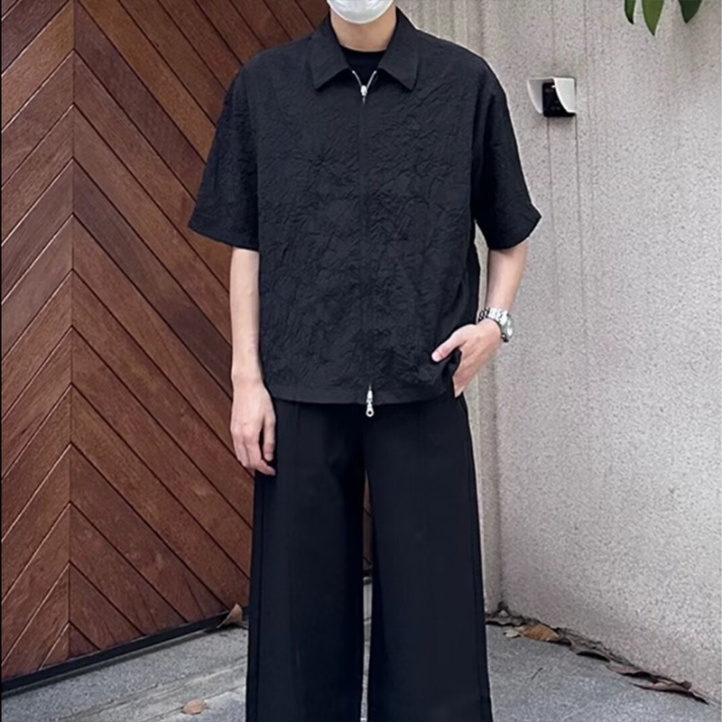 EERSHENSHI Men's Black Zip Short Sleeve Shirt -Handsome style casual loose top-Short sleeve thin shirt jacket