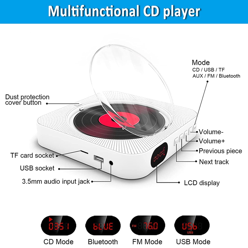 Portable Bluetooth CD Player,Wall Mount CD Player Home Audio Music Players with Remote Control,LCD Display