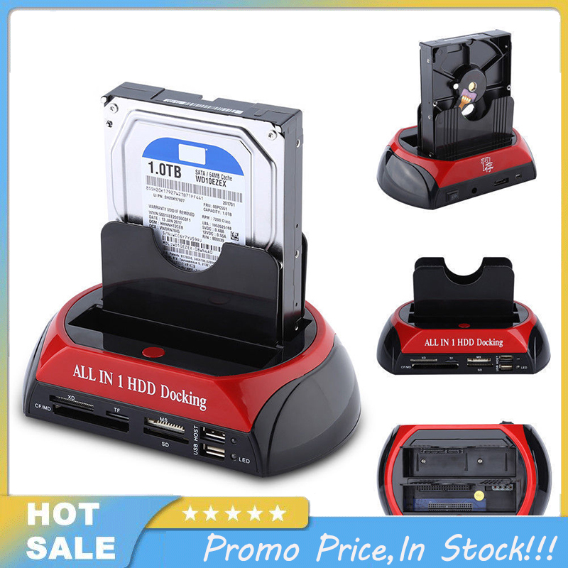 Dual Slots SATA Hard Drive Docking Station Card Reader for 2.5" 3.5" HDD
