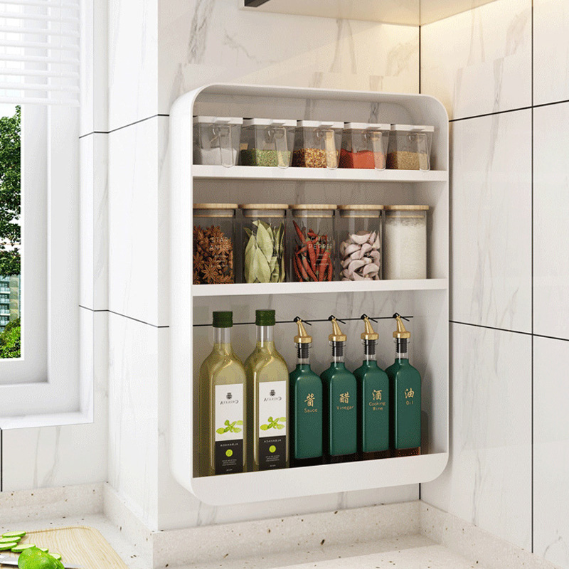 Kitchen shelves, spice racks, wall-mounted, non-perforated, wall-mounted multi-layer household storage shelves, condiment storage hangers