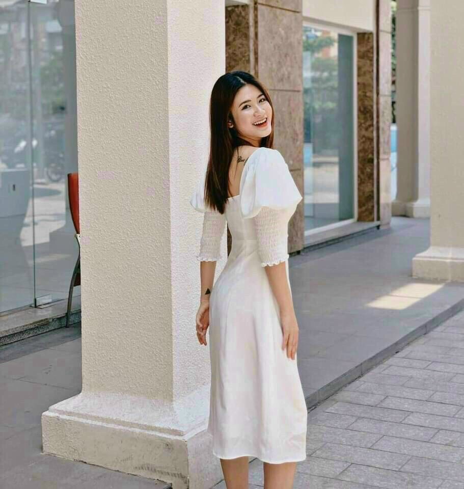 Đầm dáng dài dự tiệc sang chảnh, đầm dài qua gối thiết kế cổ vuông tay phồng thời trang nữ MTB