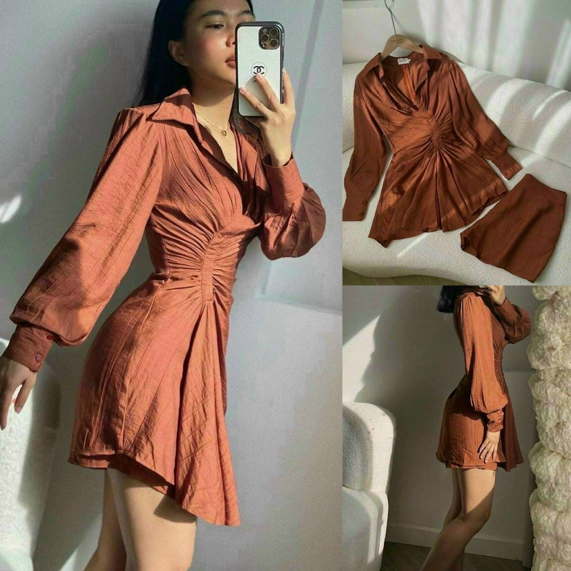 Set đũi nữ áo sơ mi dài phối quần đùi, set đùi vải đũi, set sơ mi nữ giấu quần, set nữ phong cách Hàn Quốc mặc đi chơi